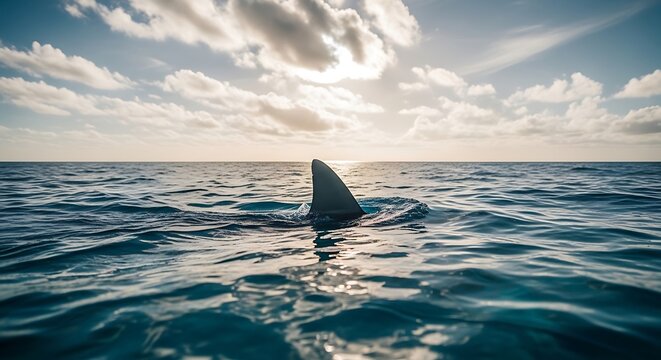 Shark fin cutting through the blue ocean surface at sunset
