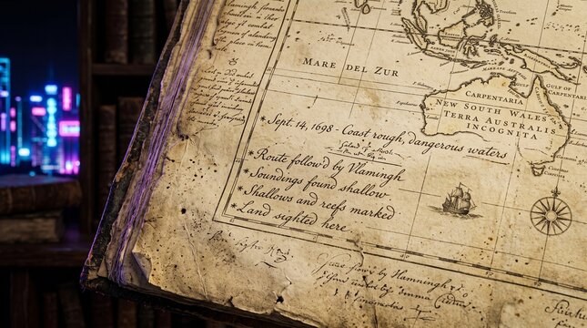 Antique nautical map open book featuring handwritten expedition log vintage compass and old sailing ship details