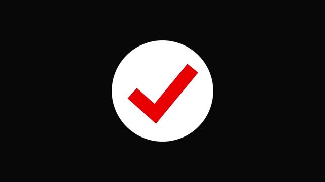 Green, red, white check mark in circle vector illustration, checkmark animation on black and white screen background. Tick symbol animation, success approval correct sign intro template.