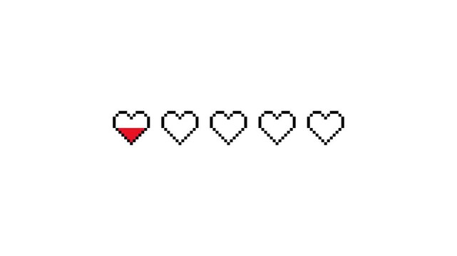 Red Pixel Heart Health Bar Motion Sequence with 8-bit Sequential Life Depletion for Retro Arcade Video Game UI in 4K video