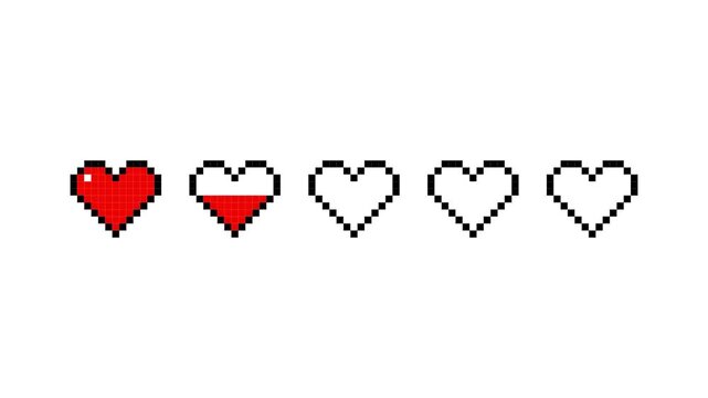 Pixel Heart Health Bar Dynamic Overlay with Depleting Red 8-Bit Life Icons for Retro Gaming UI in 4K video