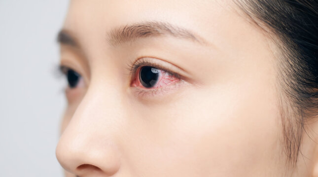 花粉症や結膜炎で目が赤く充血した女性の目元 辛い眼精疲労の症状