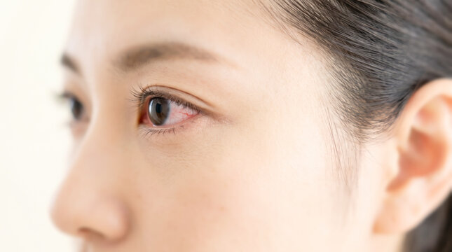 花粉症や結膜炎で目が赤く充血した女性の目元 辛い眼精疲労の症状