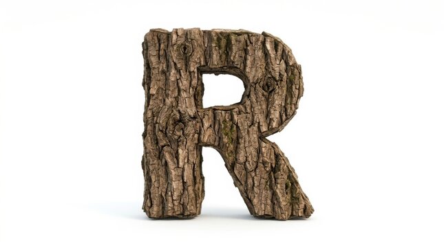 Capital letter r made of textured tree bark with green moss details isolated on a clean white studio background isolated on white background