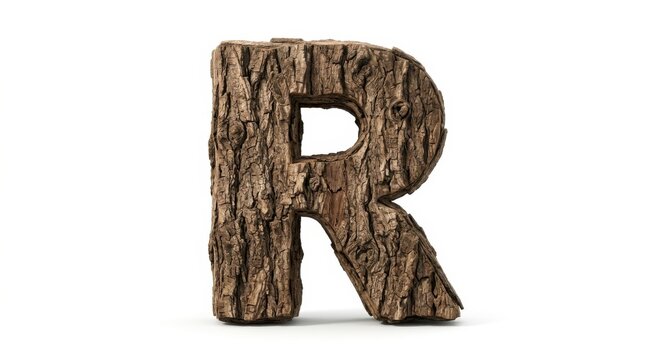 Capital letter r made of rough brown tree bark texture isolated as a 3d design element for creative forest typography isolated on white background