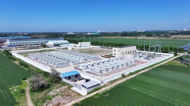 Aerial view of a substation adjacent to cultivated farmland under clear blue sky