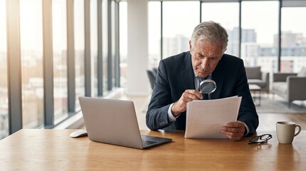 Fototapeta premium Businessman Examining Document With Magnifying Glass at Desk