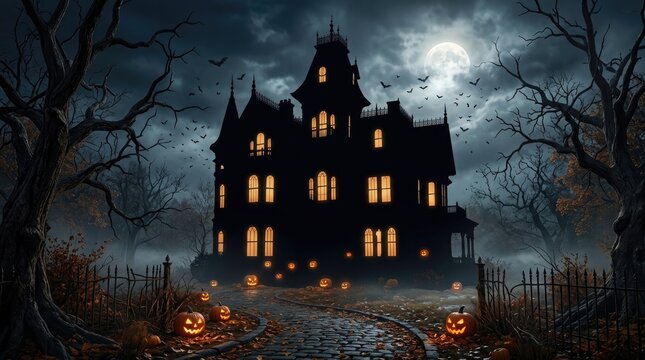 Spooky haunted mansion happy halloween halloween2026 banner image poster featuring a full moon and glowing jack o lanterns