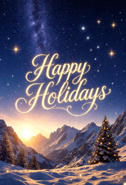 Beautiful snowy mountain landscape with christmas tree and happy holidays greeting in elegant script under starry night sky