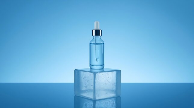 Clear glass bottle with dropper filled with blue liquid on a clear acrylic cube against a blue background.