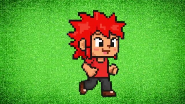 Pixel Art Boy Character with Red Hair Running on Green Screen. 4K Video