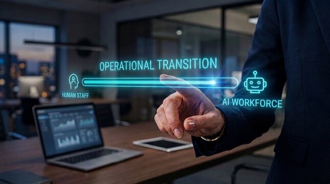 Professional executive utilizing advanced digital interface to manage the strategic integration of automated systems and artificial intelligence within modern corporate business operations