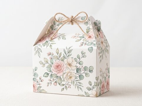 Elegant floral print gable box gift packaging with twine bow for wedding party favors on white background