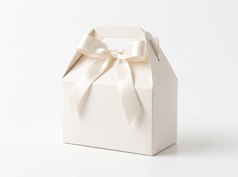 Elegant white party favor gable box with a cream satin bow isolated on white background