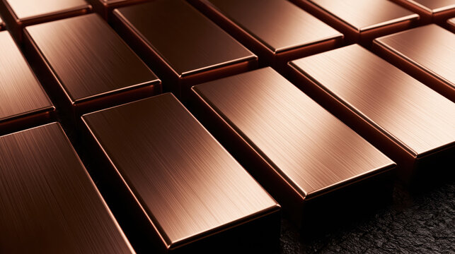 Polished copper tile geometric composition with dark shadow and warm light, modern abstract metal surface