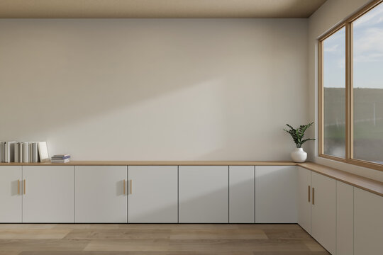 Minimalist living room cabinet with empty wall mockup 3d rendering