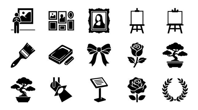 Set of artistic and decorative flat black icons.