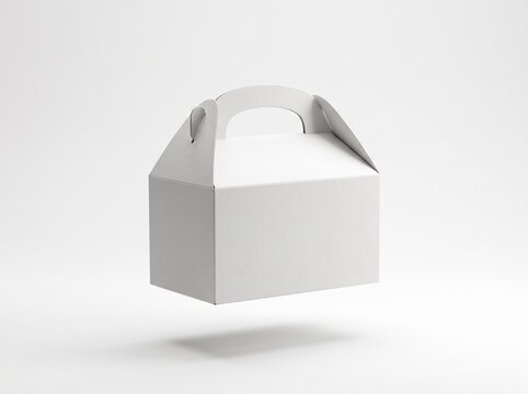 White gable box floating in studio light, blank paper container mockup for packaging design presentation