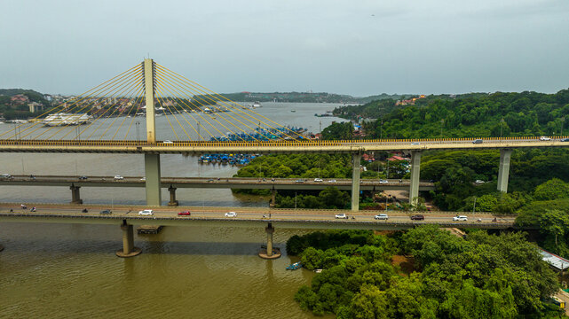 Atal Bridge, Panjim Goa aerial view 
Drone view of Atal Bridge, Goa