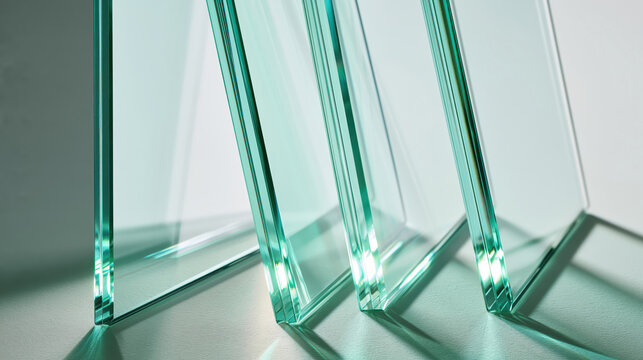 Glass sheet transparent glass aligned panel edge reflection soft shadow green tint studio light neutral background abstract composition