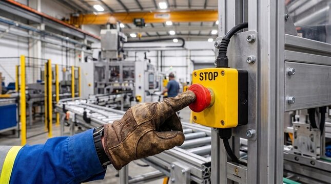 Direct human intervention in industrial operations a worker's gloved hand pressing a vital emergency stop button, pausing factory machinery to maintain safety and process integrity