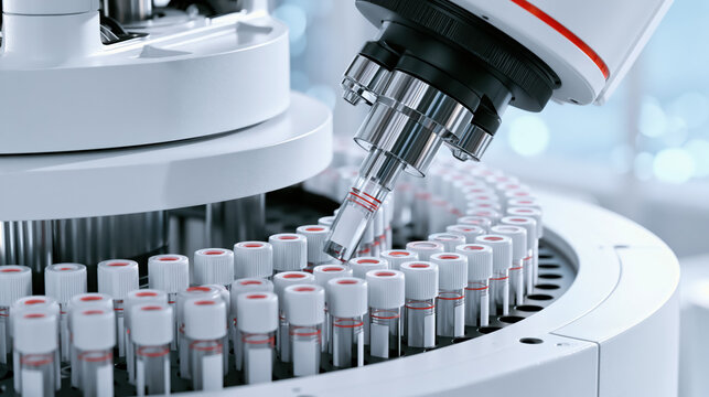 Automated laboratory robot handling sample tube in sterile research lab, precision machine with clean white surface and clinical lighting