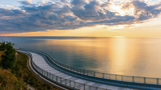 Coastal promenade at sunrise with calm sea, seawall and storm cloud sky