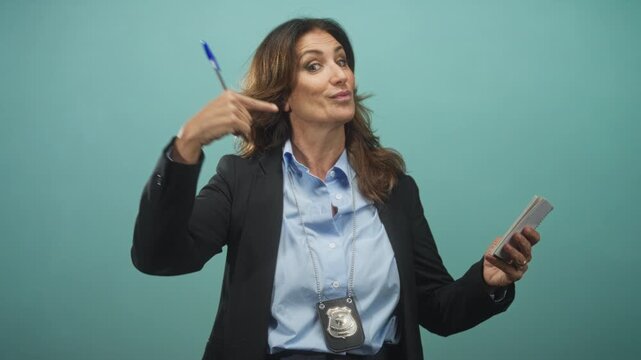 Woman police detective wearing badge holds notepad and points pen to head in turquoise studio setting; confidence authority.