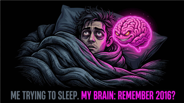 Funny insomnia vector illustration of an exhausted person awake in bed with an evil glowing brain and quote Me Trying To Sleep My Brain Remember 2016, humorous overthinking print on demand design