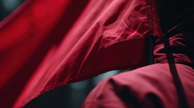 Red fabric flag waving against dark background with dramatic lighting and selective focus