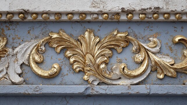 Antique gilded ornate architectural detail with weathered patina during daylight
