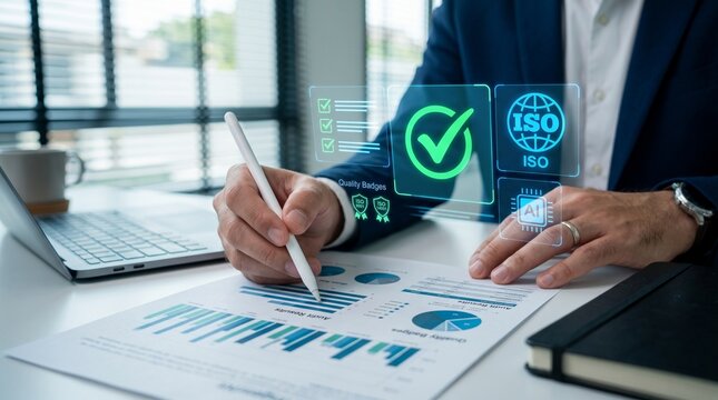 Professional businessman analyzing financial reports and quality management data with digital ISO certification and compliance checkmark overlays