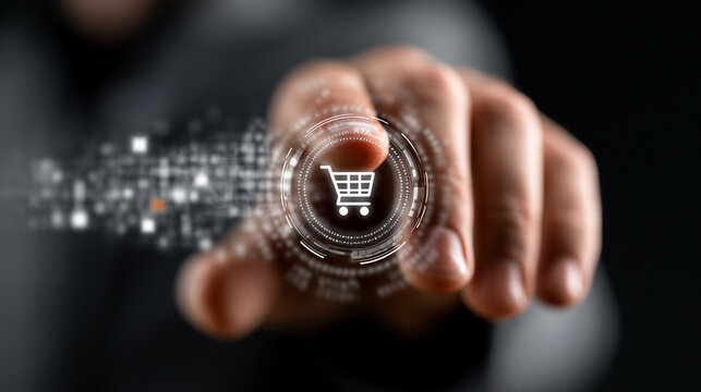 Businessman presses a digital shopping cart icon that triggers a stream of abstract data particles.