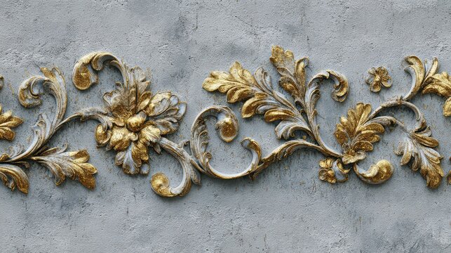 Ornate golden baroque floral border detail on textured grey wall with soft natural light