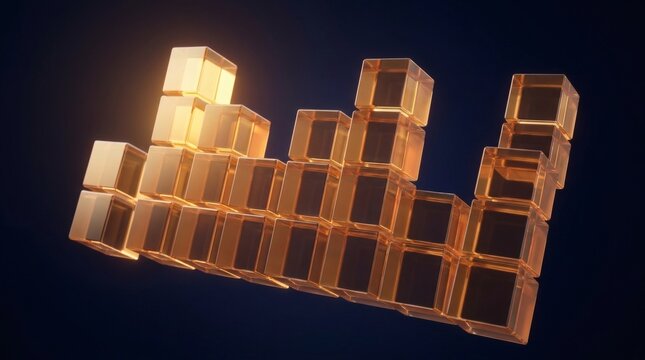 Abstract 3D wooden cubes. Glowing yellow blocks arranged in a staircase formation. Technical and geometric icon concept. Warm light illumination on dark background.