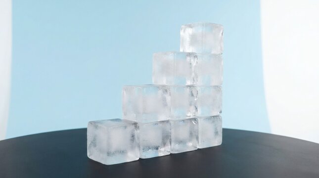 Stacked transparent ice cubes growing chart pyramid on black table, frozen water concept, 3d architectural model, financial growth, success, business