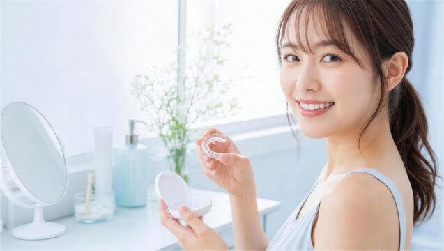 透明リテーナーを確認する女性