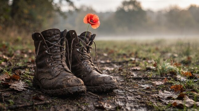 Dirty military boots resting on ground with poppy flower nearby - Concept of Day of Remembrance for the Victims of Fascism  