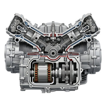 Cross section view of a modern hybrid car engine showing internal mechanical components and electric motor parts for automotive engineering design and technical presentation