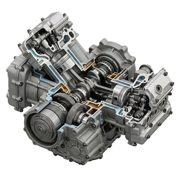 Detailed cross section of a modern car internal combustion engine showing pistons gears and mechanical parts