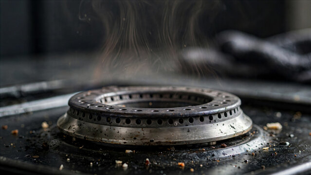 Gas stove burner turned on without flame showing invisible domestic hazard air pollution poisoning concept