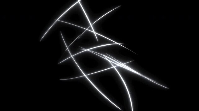Luminous white arcs and intersecting beams forming bright curved lines on deep black background, creating sleek abstract composition with strong contrast and futuristic glow