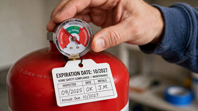 Checking expiration date on fire extinguisher cylinder pressure gauge red needle home safety compliance