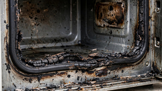 Burnt microwave interior with dark scorch marks around door seal faulty kitchen appliance safety hazard