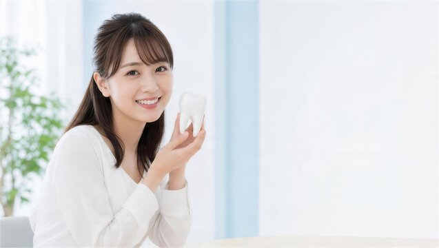 歯の模型を持って健康を説明する女性