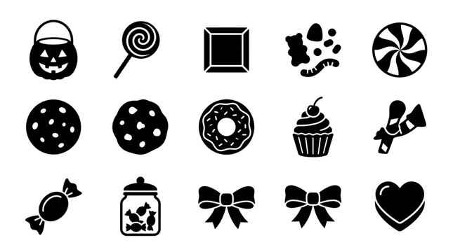 Collection of black and white candy and sweets icons.