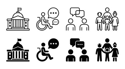 Fototapeta premium Social community and disability inclusion icon set for public service with community disability inclusion government