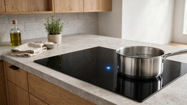 Modern kitchen cooktop with induction surface showing cool safety indicator light next to metal pot