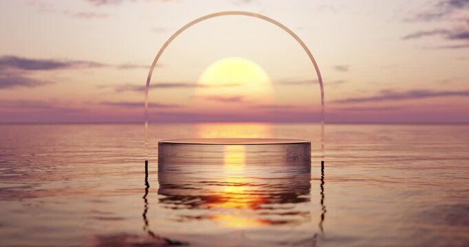 Glass podium on wave beach and sunset sky background. Copy space for product presentation. 3d render.