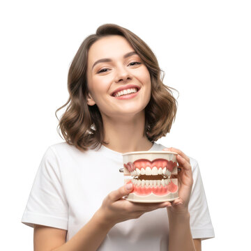 Woman smiling while holding a dental model